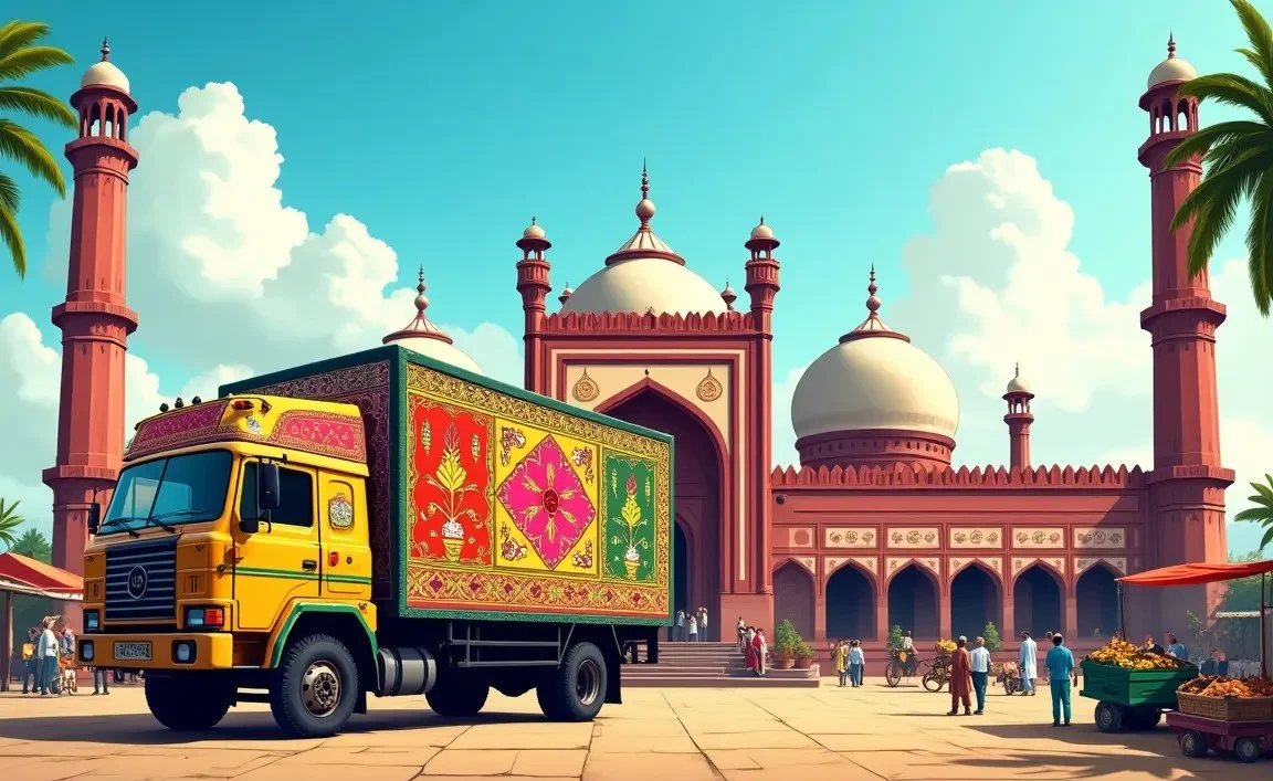 A vibrant truck in a desert landscape for color extraction